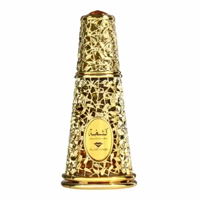 Frasco dourado cónico de perfume com etiqueta em árabe