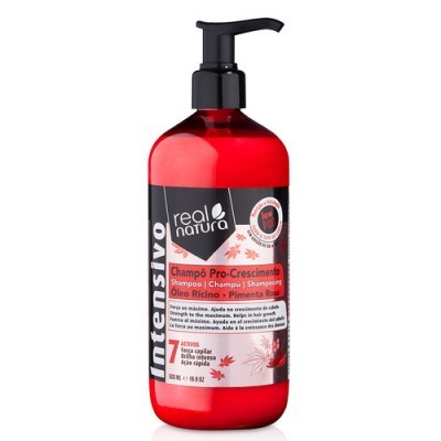 Frasco vermelho de champô Real Natura com doseador preto