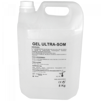 Recipiente branco de 5 kg com rótulo de Gel Ultra-Som