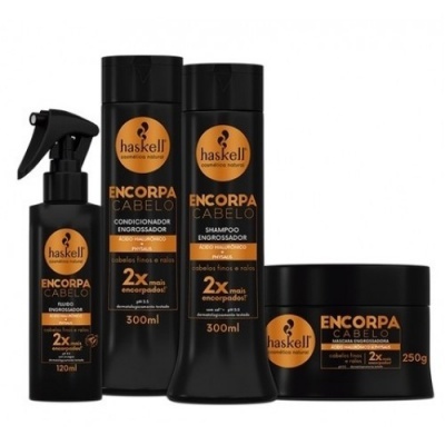 Produtos para cabelo Haskell spray, condicionador, shampoo e máscara em embalagens pretas e laranja