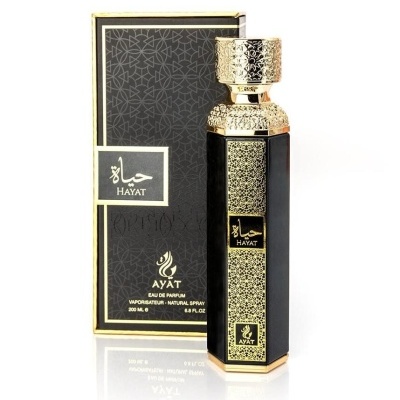 Frasco e embalagem de perfume HAYAT preto e dourado