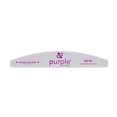 Lima de unha cinzenta com texto roxo da marca purple