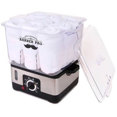 Esterilizador elétrico para toalhas brancas com base metálica e tampa de plástico transparente