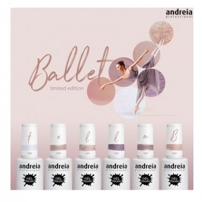 Seis frascos de verniz da Andreia Professional com tampas brancas e etiquetas coloridas da coleção Ballet limited edition