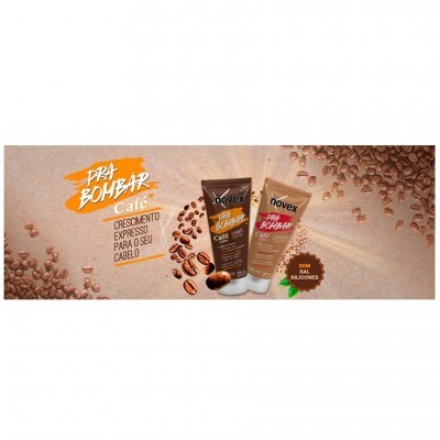 Dois tubos Novex Pra Bombar Café para cabelo, com grãos de café ao redor em fundo bege.