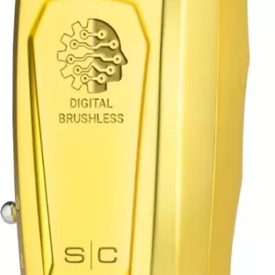 Máquina de cortar cabelo dourada com lâmina preta e inscrições digitais