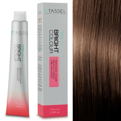 Tubo e caixa de tintura capilar TASSEL Bright Colour ao lado de cabelo castanho