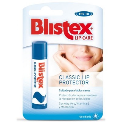 Blistex Classic Lip Protector embalagem branca e azul com batom azul