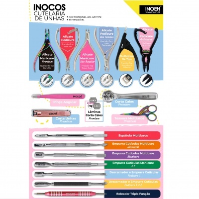 Ferramentas para manicure e pedicure da marca INOCOS organizadas sobre fundo azul com etiquetas coloridas