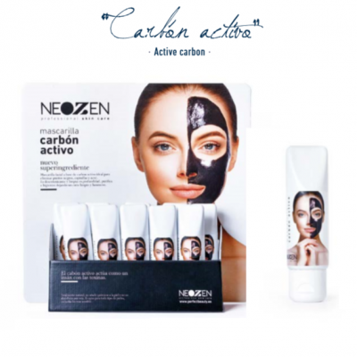 Embalagem e tubo de máscara facial NEOZEN carbón activo com imagem de mulher e texto