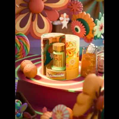 Frasco de vidro com tampa dourada em caixa floral colorida rodeado de decoração de flores e doces.