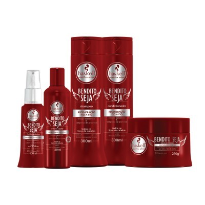 Conjunto de produtos capilares Haskell Bendito Seja em embalagem vermelha e branca