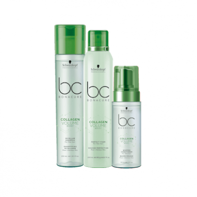 Produtos capilares Schwarzkopf BC Bonacure COLLAGEN VOLUME com embalagens brancas e tampas verdes