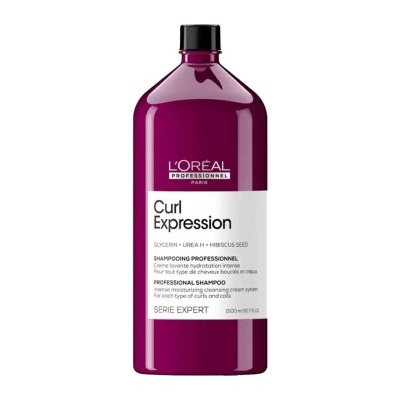 Garrafão roxo de champô L'Oréal Curl Expression com rótulo branco