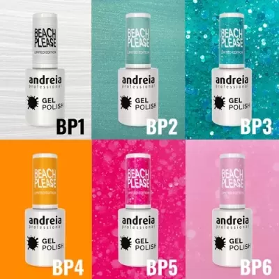 Seis frascos de verniz em gel de várias cores da linha 'BEACH PLEASE', edição limitada, marca andreia professional.