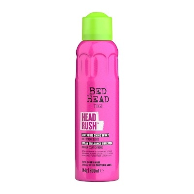 Frasco rosa de spray de brilho para cabelo Bed Head TIGI com tampa verde