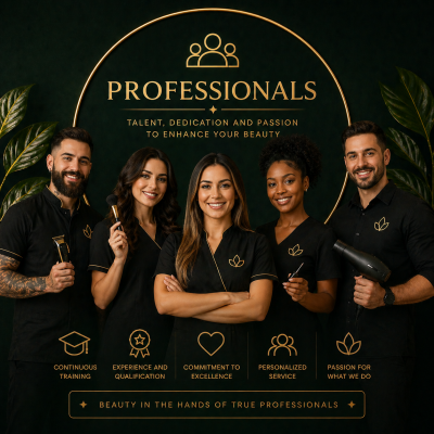 Equipe profissional de beleza com uniformes pretos e detalhes dourados