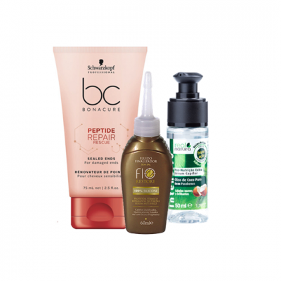 Três produtos para cabelo: tubo rosa BC Bonacure, frasco marrom Fio Restore e frasco transparente Real Natura