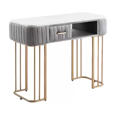 Secretária com tampo em mármore branco e estrutura dourada, corpo estofado cinza com gaveta e espaço aberto