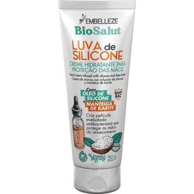 Tubo branco de creme hidratante para mãos BioSalut Luva de Silicone