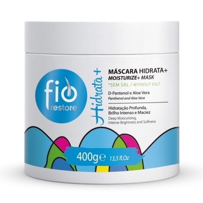 Frasco branco de máscara hidratante fio restore com texto e padrão colorido na base