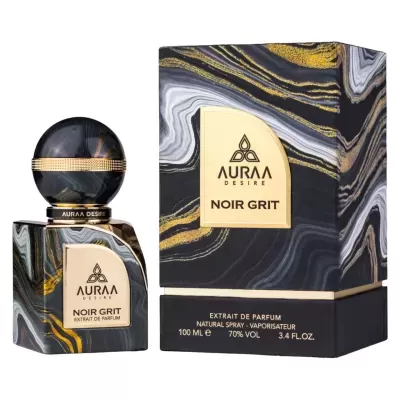 Frasco e caixa de perfume AURAA DESIRE NOIR GRIT com padrão marmorizado preto e dourado