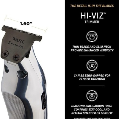 Aparelho de cortar cabelo WAHL Hi-Viz com lâmina de 1.60 polegadas e corpo prateado, com texto descritivo ao lado.