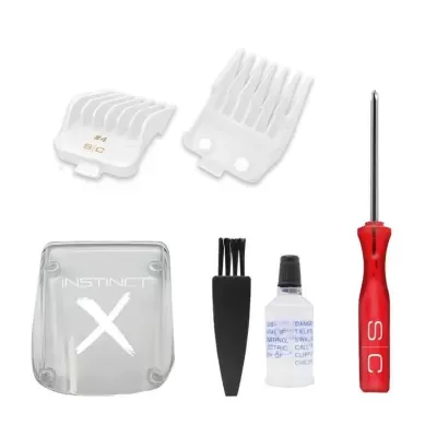 Kit de acessórios com presilhas brancas, tampa transparente, escova preta, frasco pequeno e chave de fendas vermelha