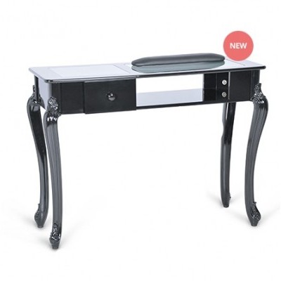 Mesa de manicure preta com tampo em vidro e almofada para mãos