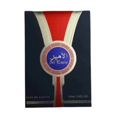 Embalagem azul escuro para Eau de Parfum com detalhes vermelhos e dourados