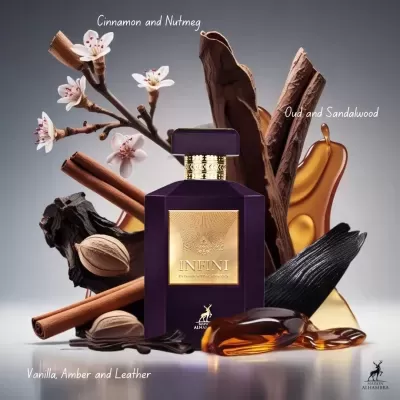 Frasco de perfume com canela, noz-moscada, flores, Oud, Sandalwood, baunilha, âmbar e couro