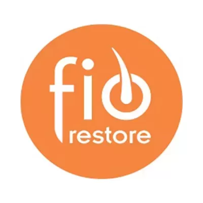 Logótipo circular laranja com texto branco fio restore e círculo com fio de cabelo