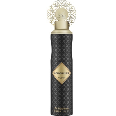 Frasco preto e dourado de desodorizador de ar Golden Elixir Nusuk