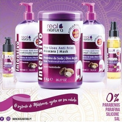 Produtos capilares Real Natura Intensivo com embalagem roxa, branca e rosa destacando proteínas e óleo de argan