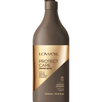 Frasco de shampoo hidratante Lowell Protect Care Power Nutri castanho e dourado