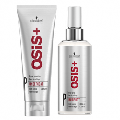 Dois produtos capilares Schwarzkopf Osis+ em embalagem prateada com texto vermelho e preto