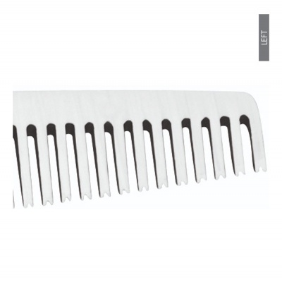 Pente de cabelo branco com dentes espaçados e etiqueta cinzenta com texto LEFT