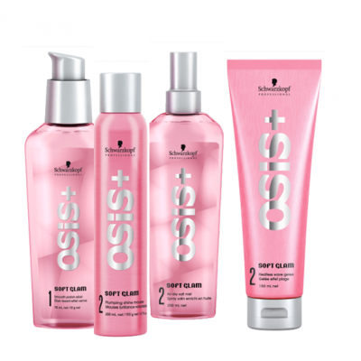 Conjunto de quatro produtos de cabelo OSIS+ Soft Glam em embalagens cor-de-rosa