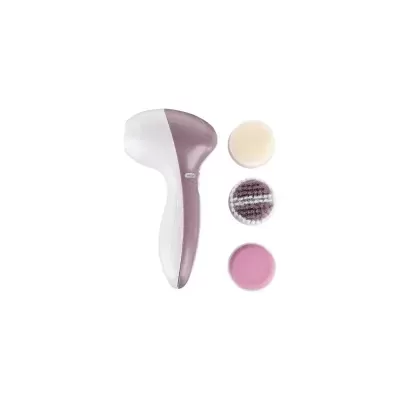 Aparelho de limpeza facial com três escovas em fundo branco.