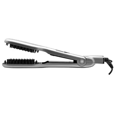 Prancha de alisamento de cabelo prateada com cerdas pretas