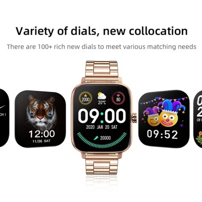 Vários mostradores digitais para relógios inteligentes com diferentes designs e um relógio dourado ao centro.