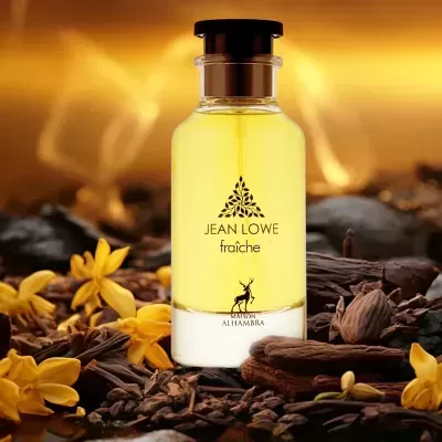 frasco de perfume amarelo JEAN LOWE fraîche com flores amarelas e especiarias