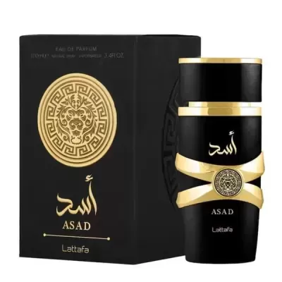 Perfume ASAD da Lattafa com embalagem preta e dourada