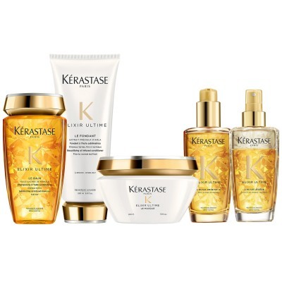 Produtos Kérastase Elixir Ultime para cuidados capilares em várias embalagens