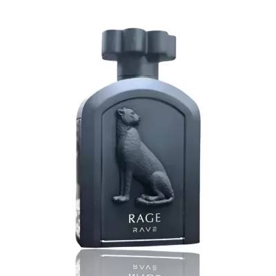 Frasco de perfume preto fosco com relevo de leopardo e texto RAGE RAVE
