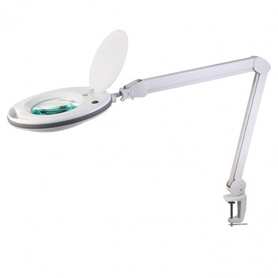 Lupa de mesa com luz LED, lente redonda e braço articulado branco