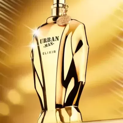 Frasco dourado de perfume Urban Man Elixir com design geométrico