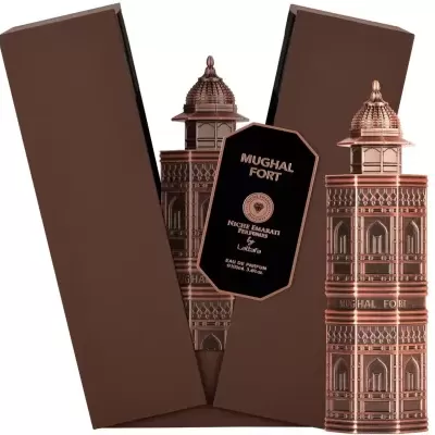 Frasco de perfume decorativo em forma de fortaleza Mughal com embalagem castanha e etiqueta preta