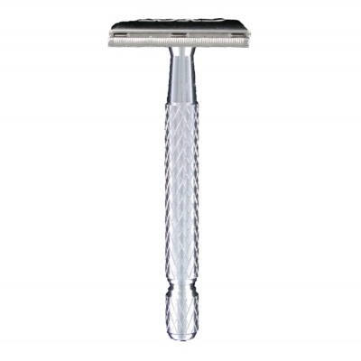 Aparelho de barbear clássico prateado com cabo texturizado