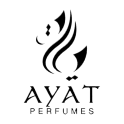 Logotipo preto da AYAT PERFUMES com elementos gráficos estilizados sobre fundo branco